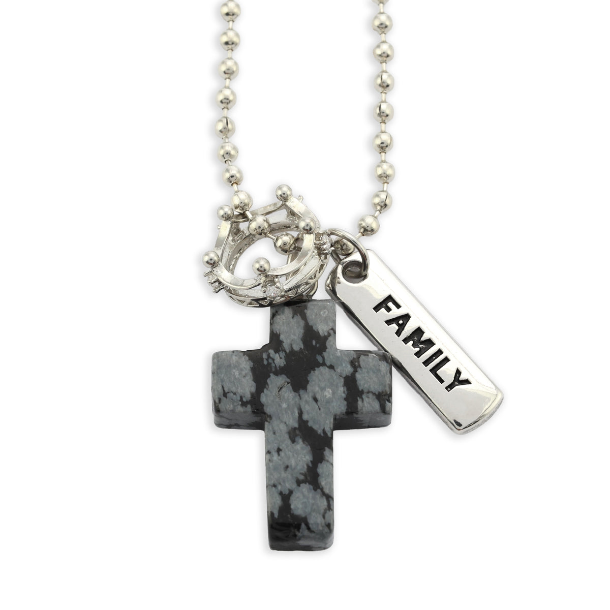 BLACK SPECKLE STONE - Cross & Crown Necklace