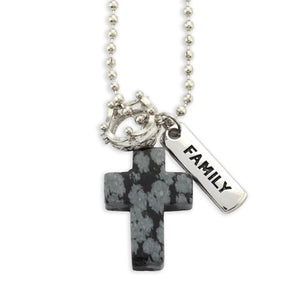 BLACK SPECKLE STONE - Cross & Crown Necklace