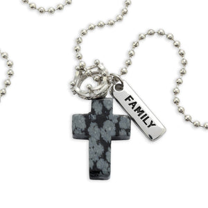 BLACK SPECKLE STONE - Cross & Crown Necklace