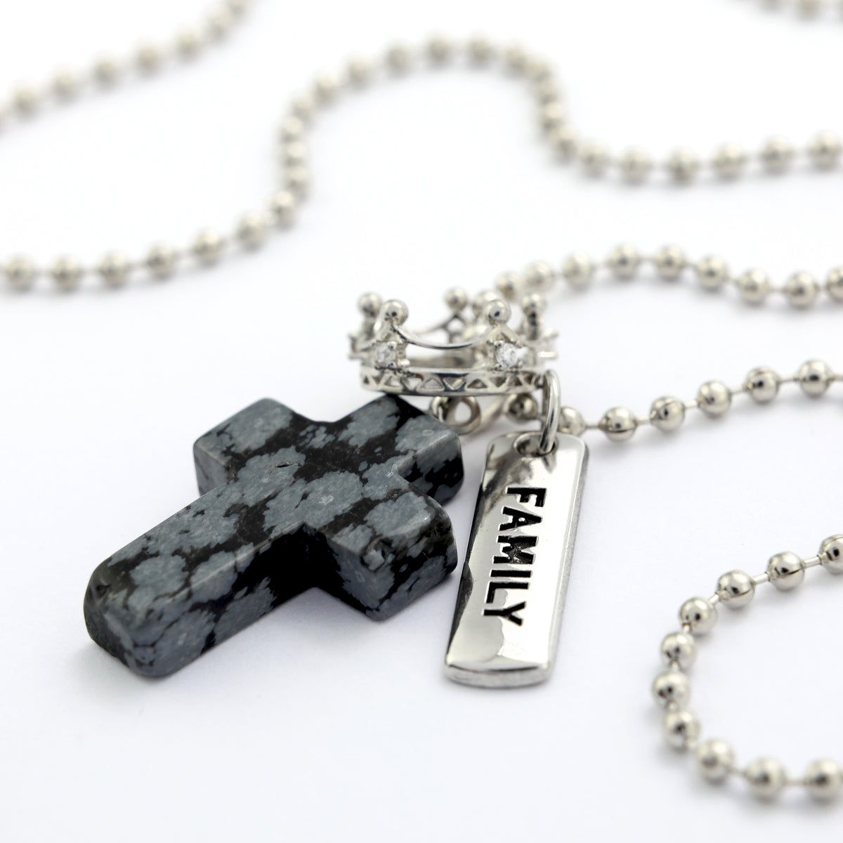 BLACK SPECKLE STONE - Cross & Crown Necklace