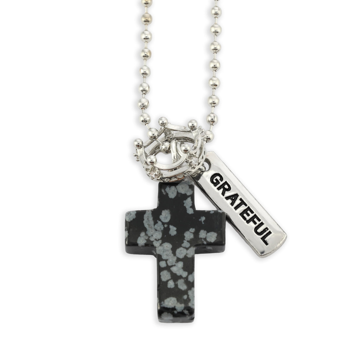BLACK SPECKLE STONE - Cross & Crown Necklace