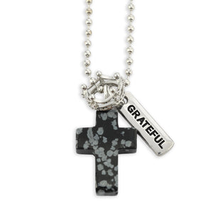BLACK SPECKLE STONE - Cross & Crown Necklace
