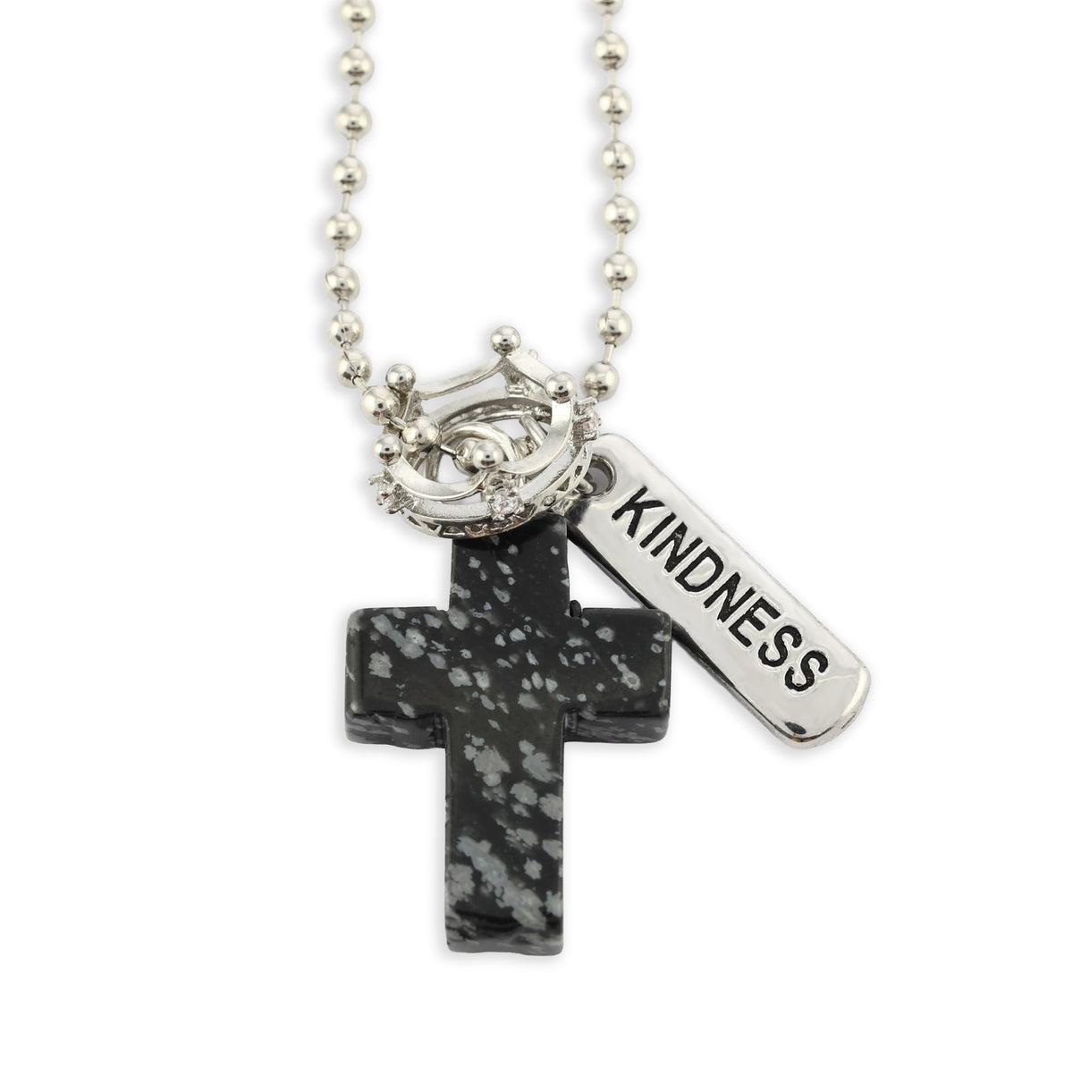 BLACK SPECKLE STONE - Cross & Crown Necklace