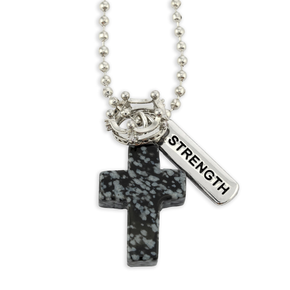 BLACK SPECKLE STONE - Cross & Crown Necklace