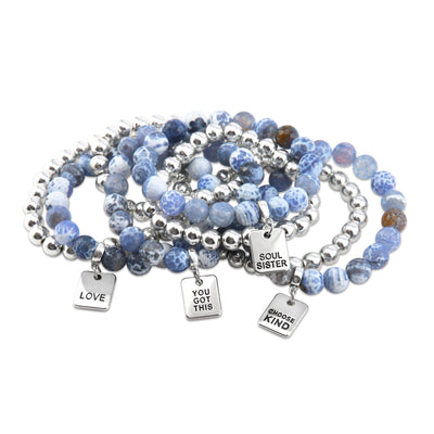 Bracelet Duo! 10mm Blue Agata Tourmaline & 8mm Silver bead bracelet stacker set - Choose Kind (12053)