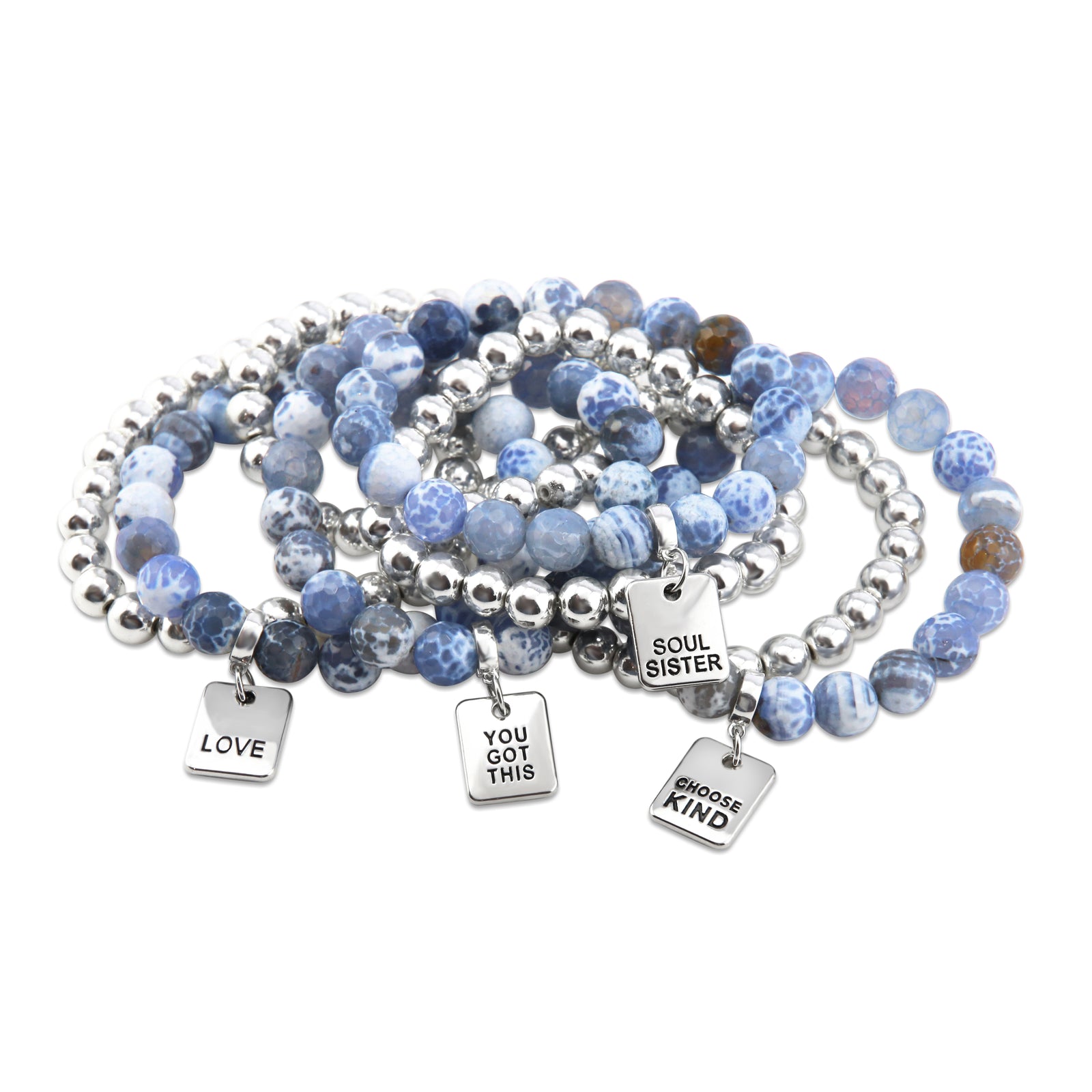 Bracelet Duo! 10mm Deep Blue Agata Tourmaline & 8mm Silver bead bracelet stacker set - TEACH LOVE INSPIRE (11614)