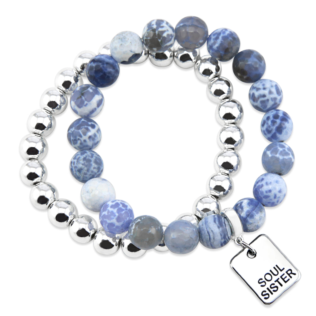 Bracelet Duo! 10mm Blue Agata Tourmaline & 8mm Silver bead bracelet stacker set - SOUL SISTER (12213)