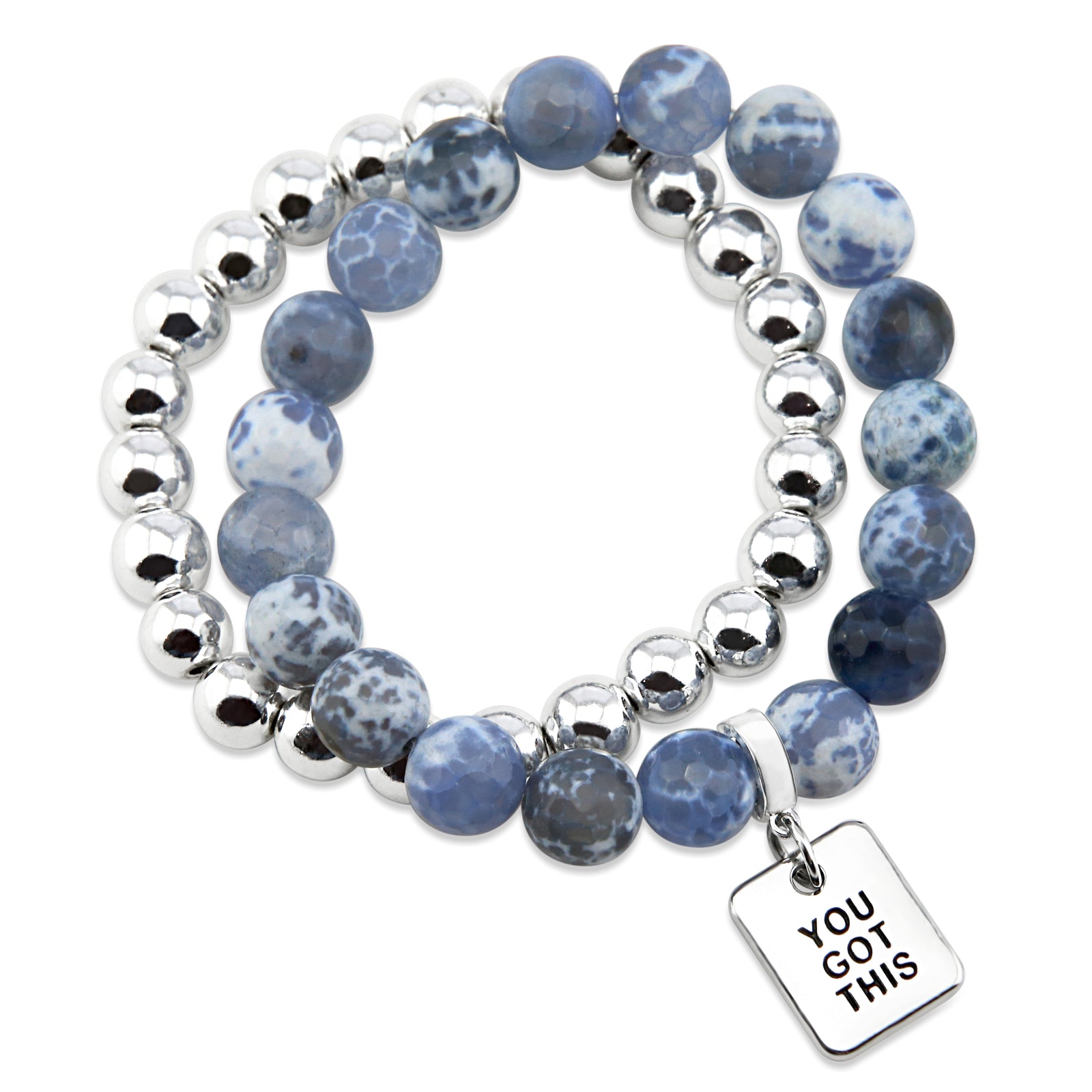Bracelet Duo! 10mm Deep Blue Agata Tourmaline & 8mm Silver bead bracelet stacker set - YOU GOT THIS (12153)