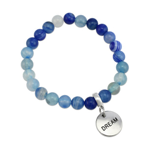 Stone Bracelet - Blue Stripe Agate 8mm Beads - with Silver Word Charms