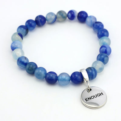 Stone Bracelet - Blue Stripe Agate 8mm Beads - with Silver Word Charms