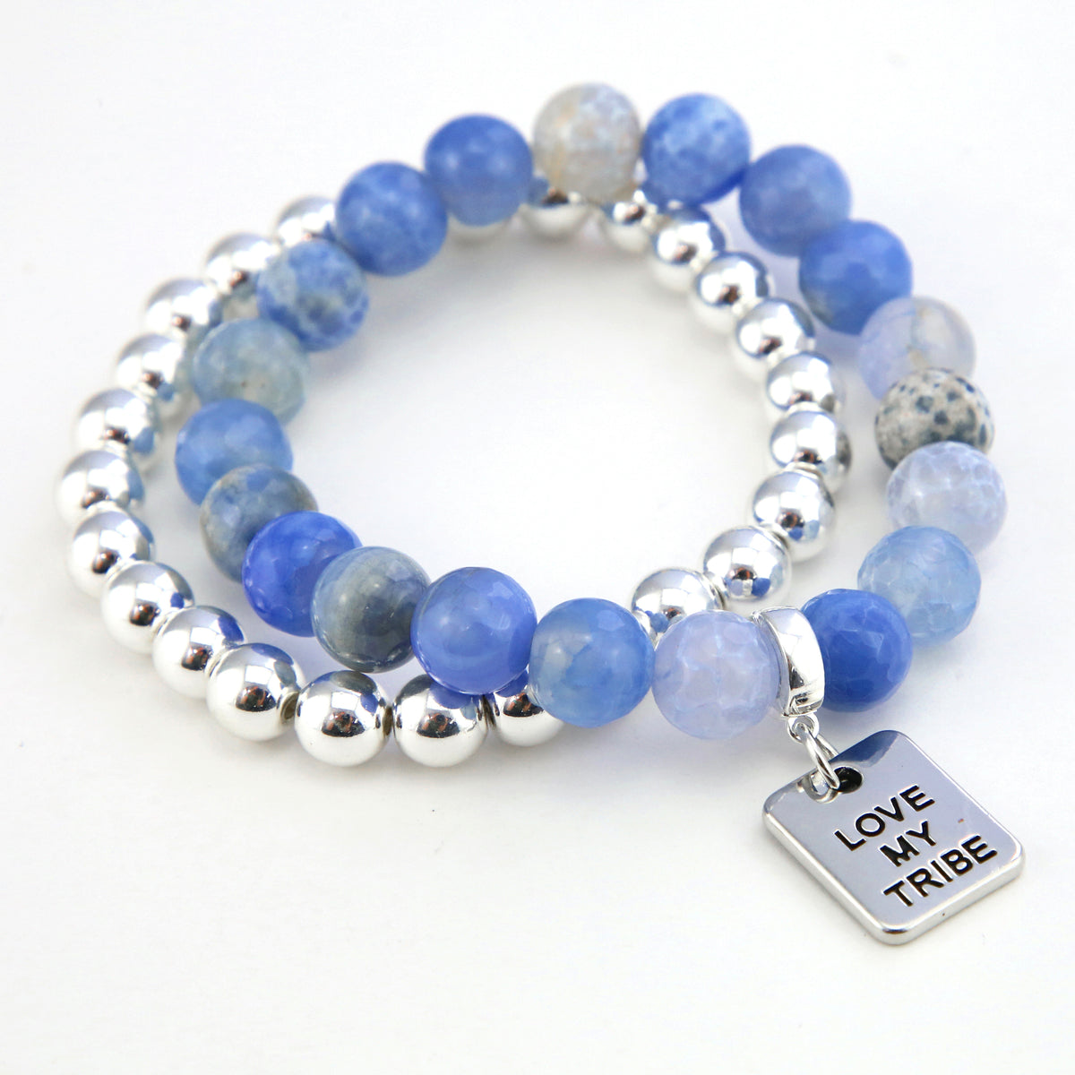 Bracelet Duo! 10mm Blue Agata Tourmaline & 8mm Silver bead bracelet stacker set - LOVE MY TRIBE (12061)