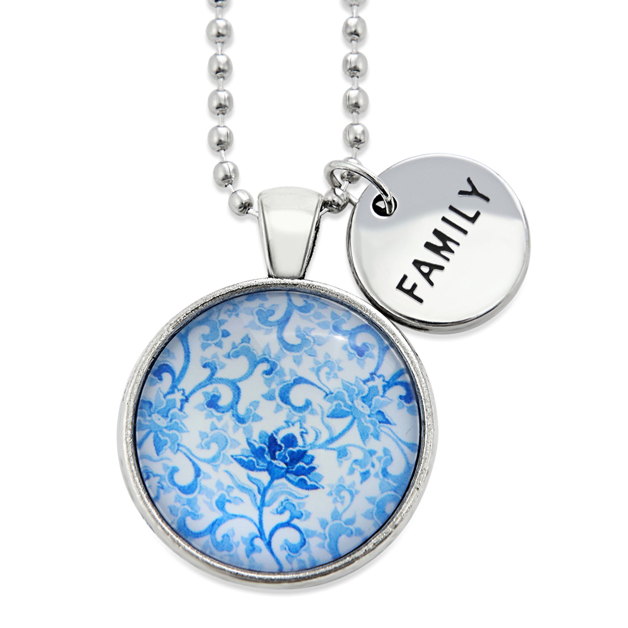 Blue Collection - Vintage Silver 'FAMILY' Necklace - Blue Fleur (10743)