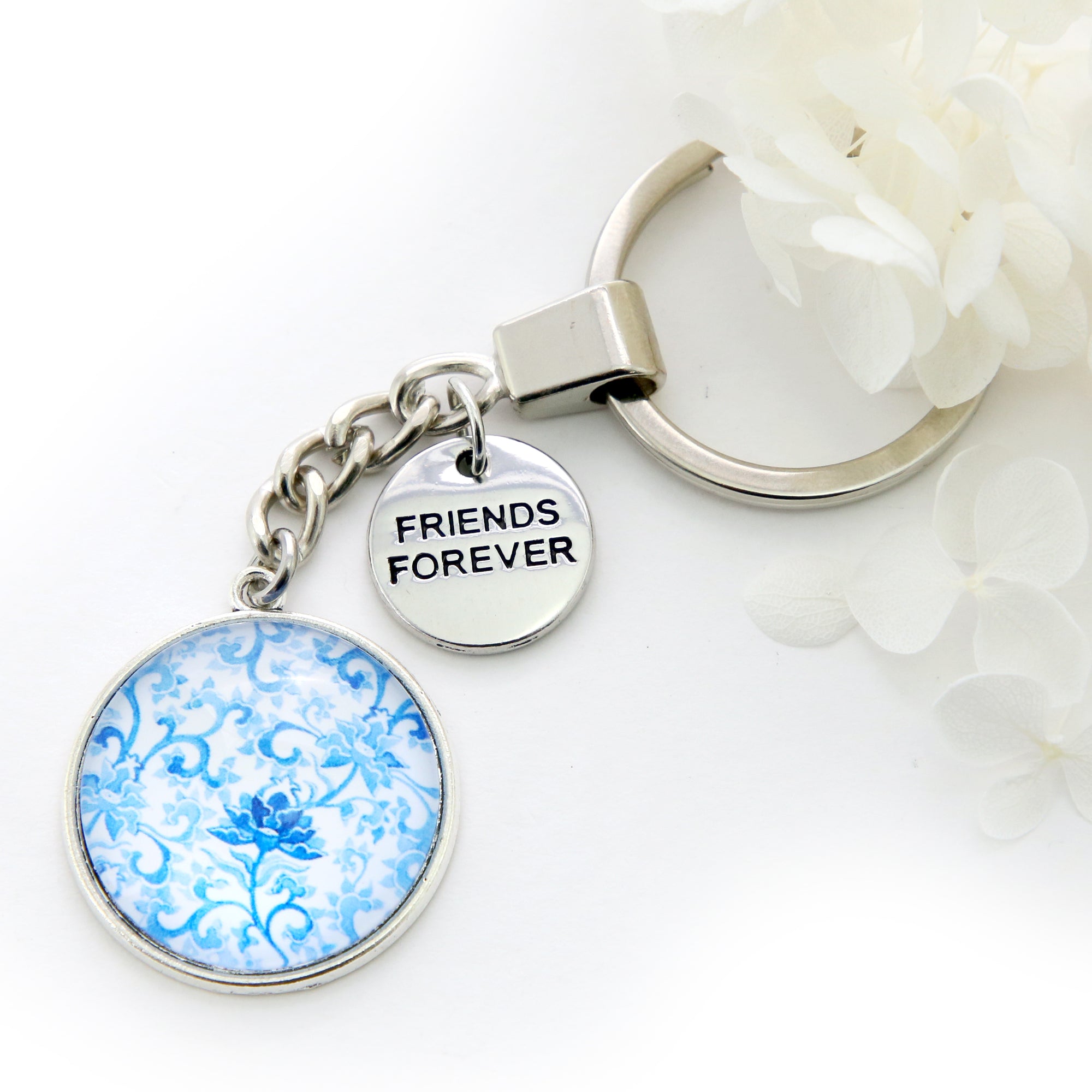 Blue Collection - Vintage Silver 'FRIENDS FOREVER' Keyring - Blue Fleur (10243)