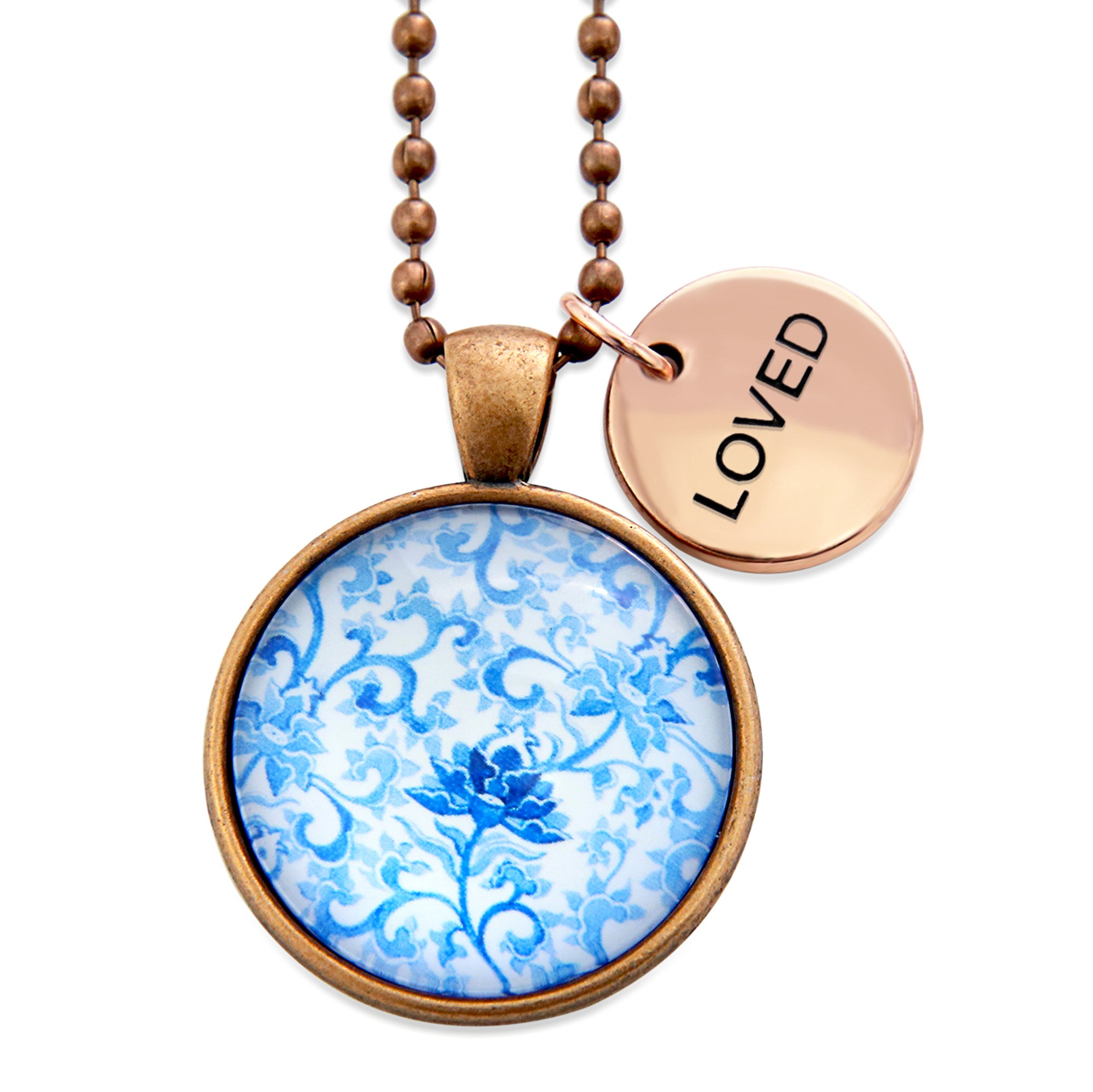 Blue Collection - Vintage Copper 'LOVED' Necklace - Blue Fleur (10632)