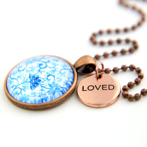 Blue Collection - Vintage Copper 'LOVED' Necklace - Blue Fleur (10632)