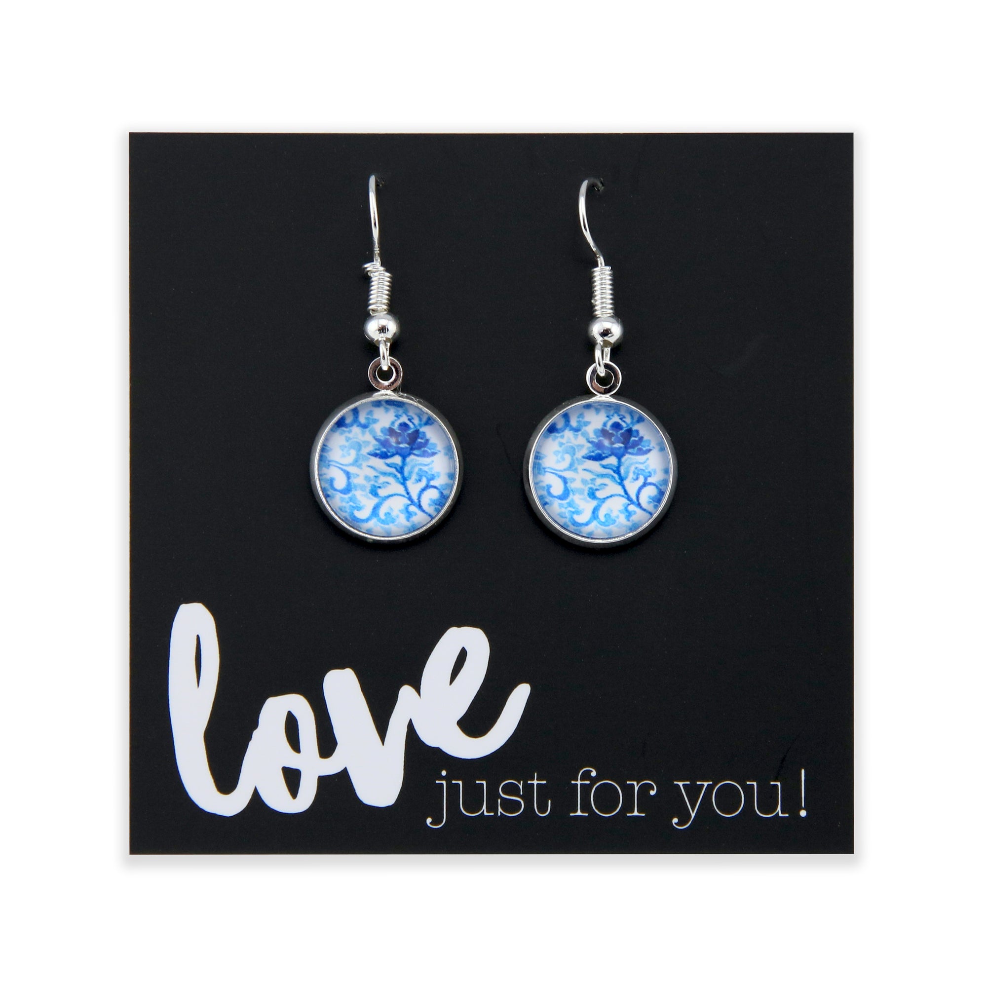 Blue Collection - Love Just For You - Bright Silver Dangle Earrings - Blue Fleur (12123)