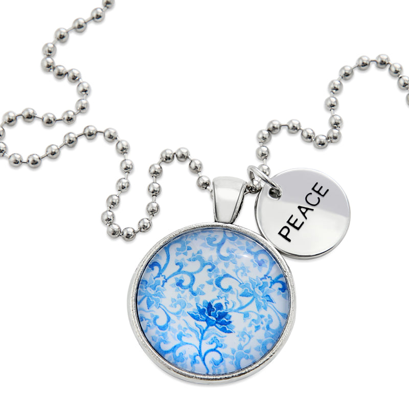 Blue Collection - Vintage Silver 'PEACE' Necklace - Blue Fleur (10462)