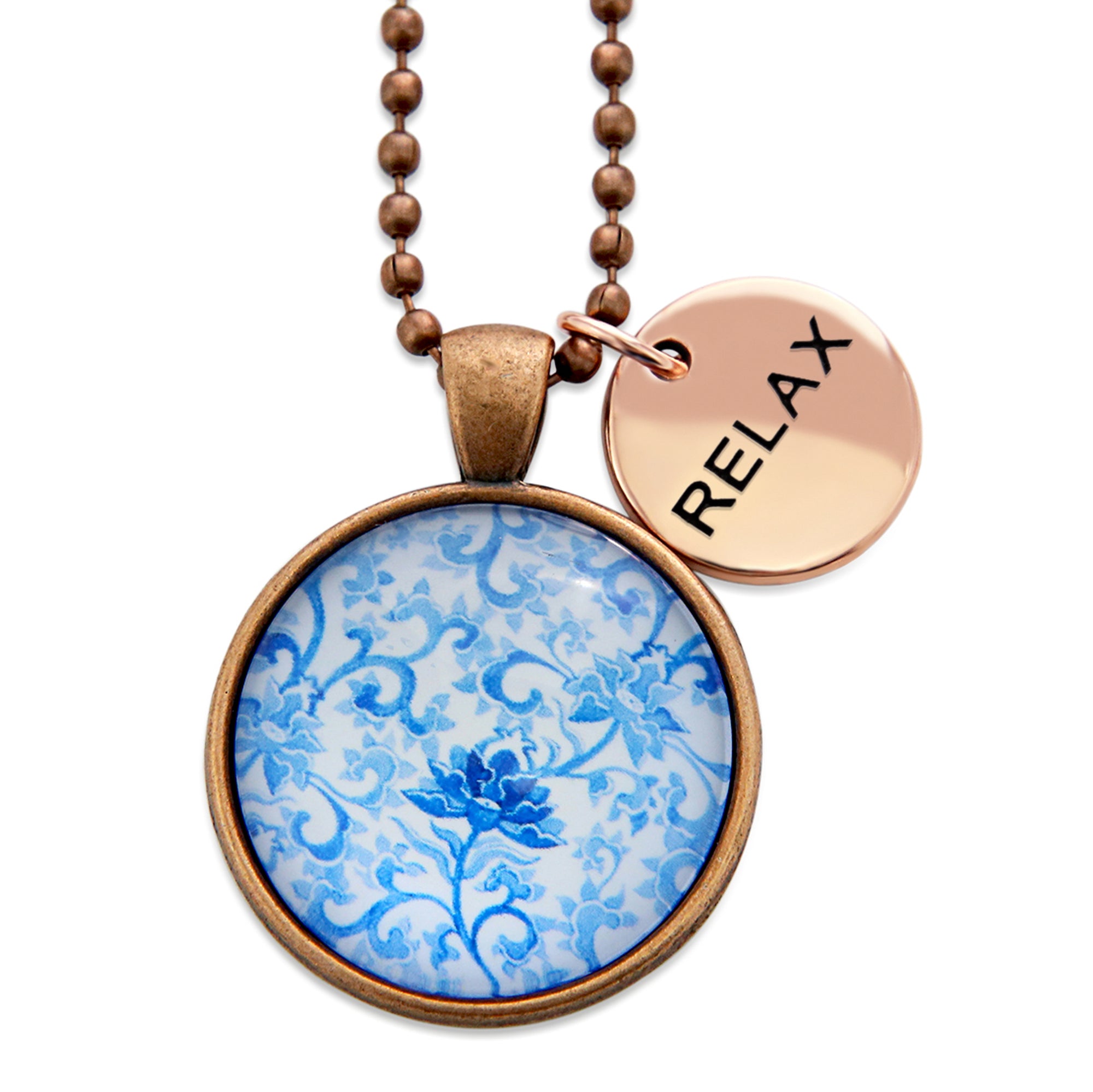 Blue Collection - Vintage Copper 'RELAX' Necklace - Blue Fleur (10942)