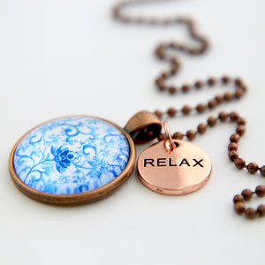 Blue Collection - Vintage Copper 'RELAX' Necklace - Blue Fleur (10942)