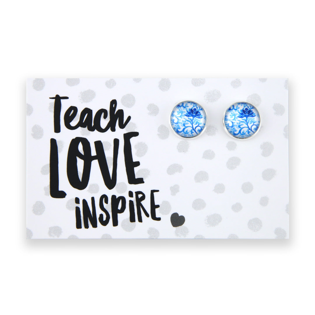 Blue Collection - Teach Love Inspire - Bright Silver 12mm Circle Studs - Blue Fleur (12121)