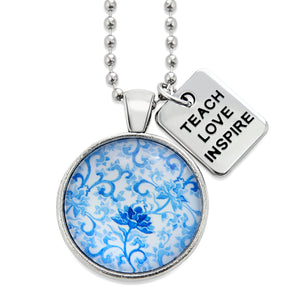 Blue Collection - Vintage Silver 'TEACH LOVE INSPIRE' Necklace - Blue Fleur (10111)