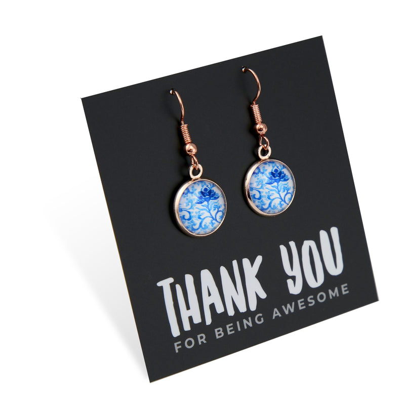 Blue Collection - Thank You For Being Awesome - Rose Gold Dangle Earrings - Blue Fleur (12134)