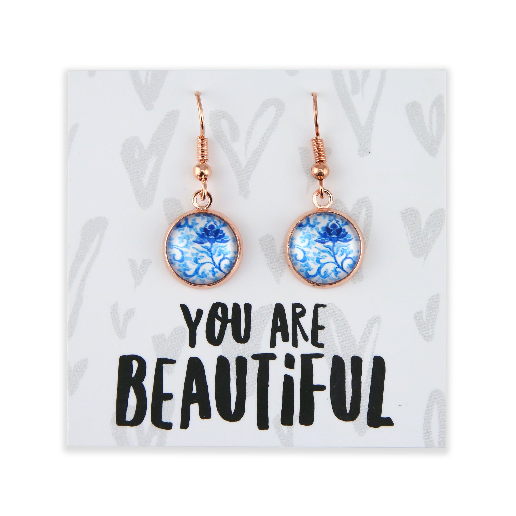 Blue Collection - You Are Beautiful - Rose Gold Dangle Earrings - Blue Fleur (12133)