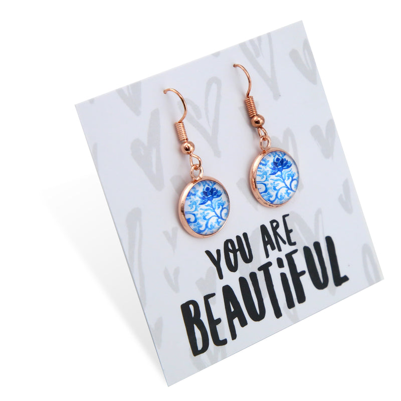 Blue Collection - You Are Beautiful - Rose Gold Dangle Earrings - Blue Fleur (12133)