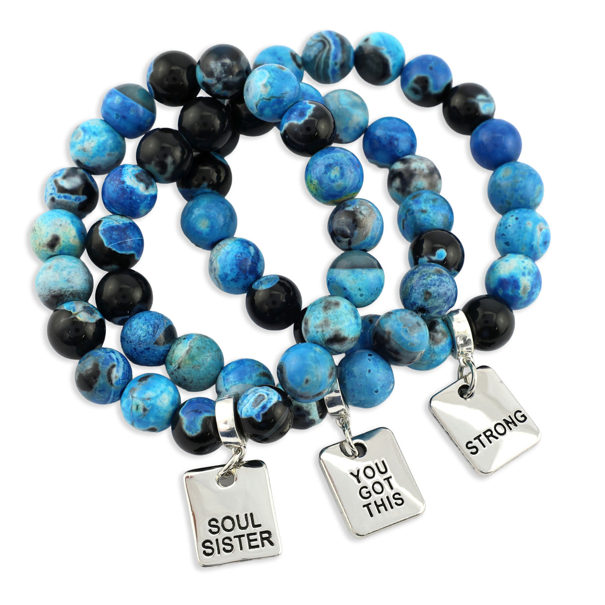 Blue and black beaded bracelets with motivational charms on a white background