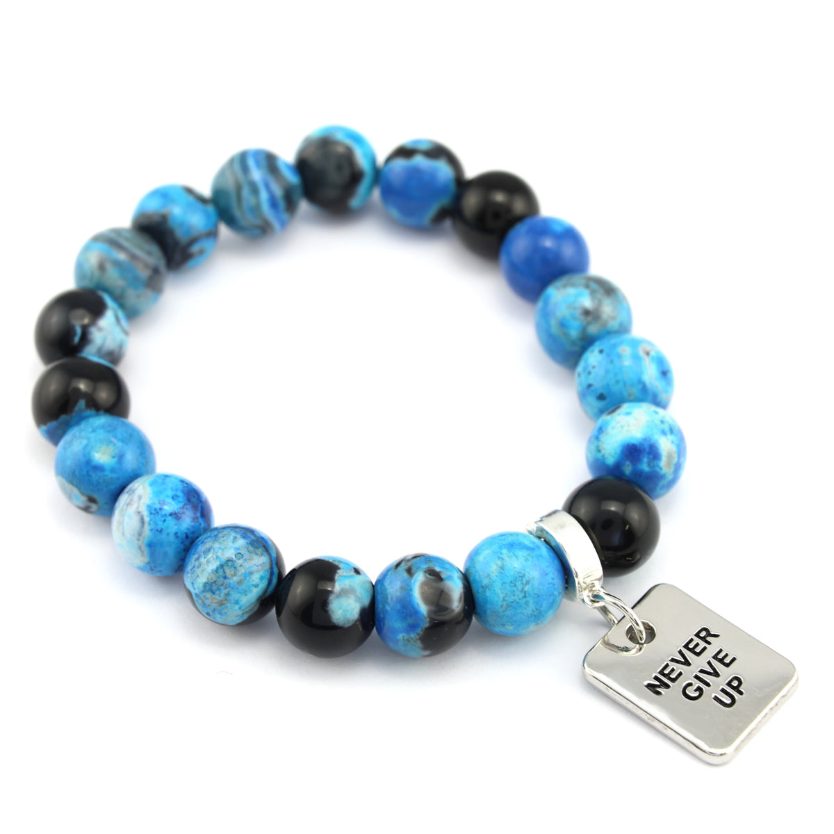 Blue and black beaded bracelet with a silver 'Never Give Up' charm on a white background