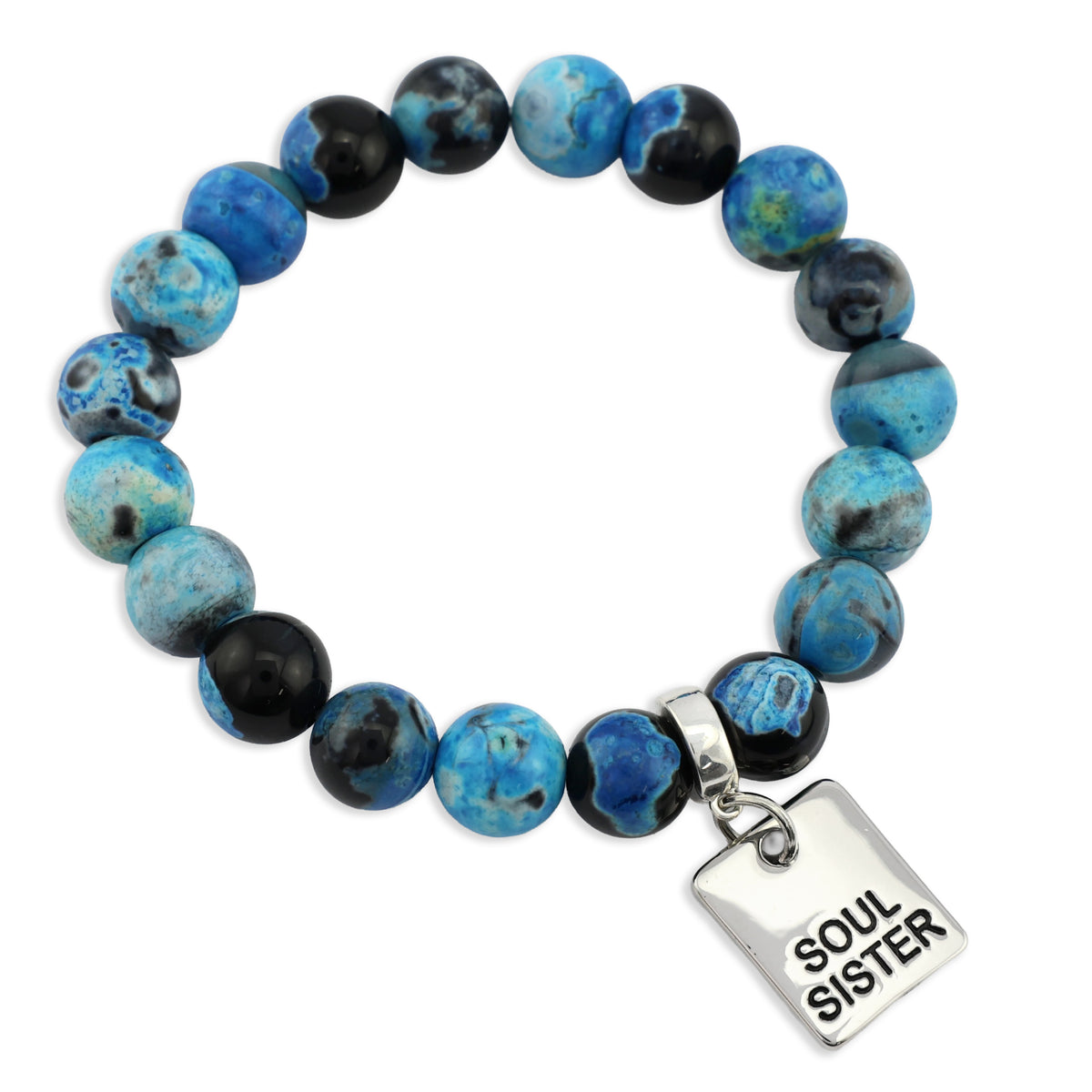 Beaded bracelet with blue and black beads and a 'Soul Sister' charm on a white background