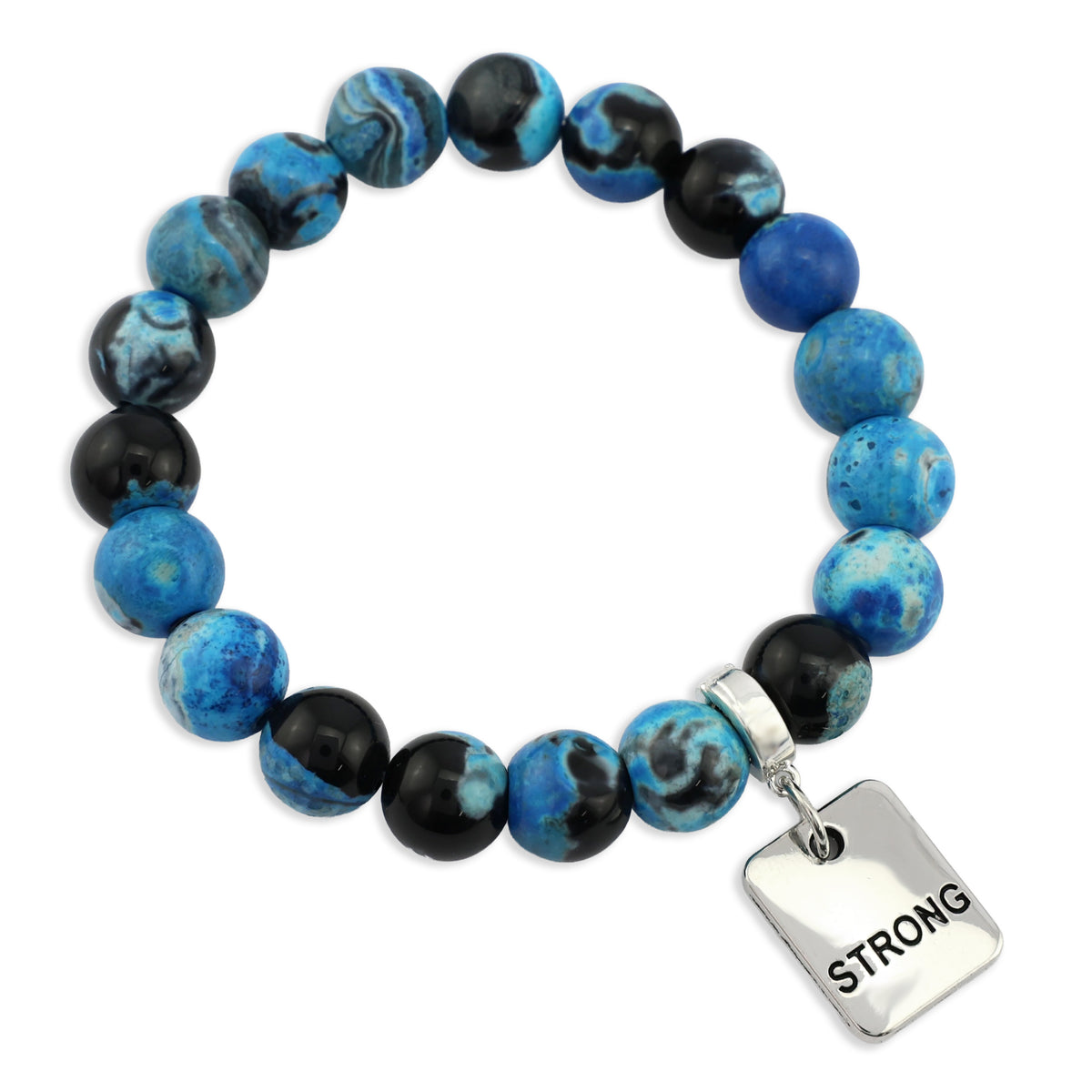 Blue and black beaded bracelet with a silver tag reading 'STRONG' on a white background