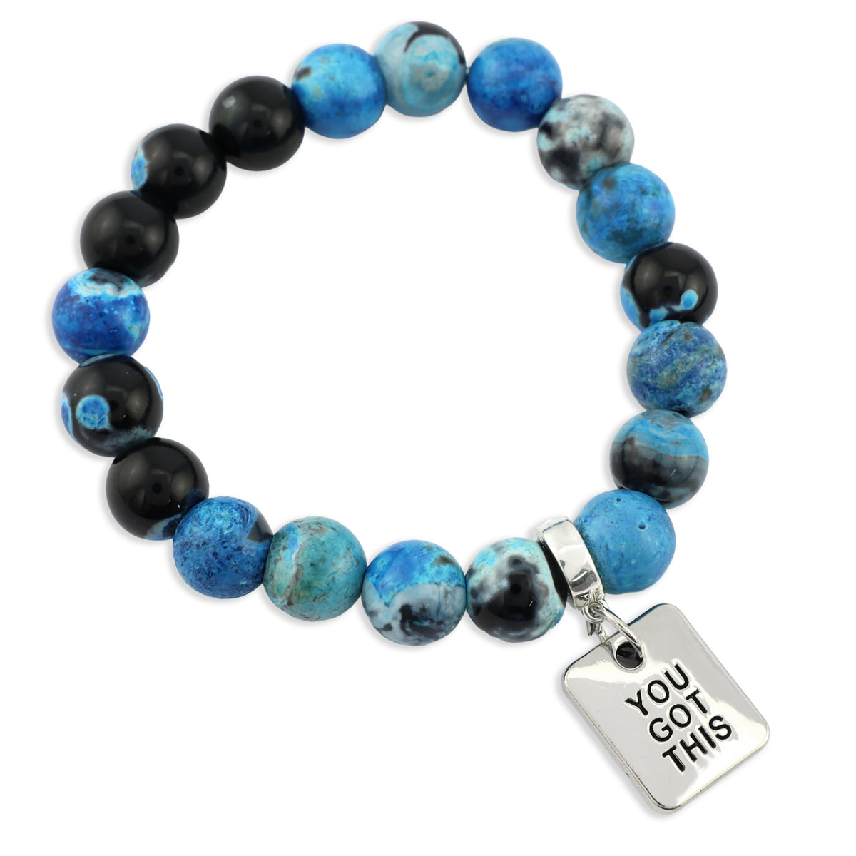Stone Bracelet - Blue Lagoon Fire Agate Stone 10mm Beads - With Silver Word charm