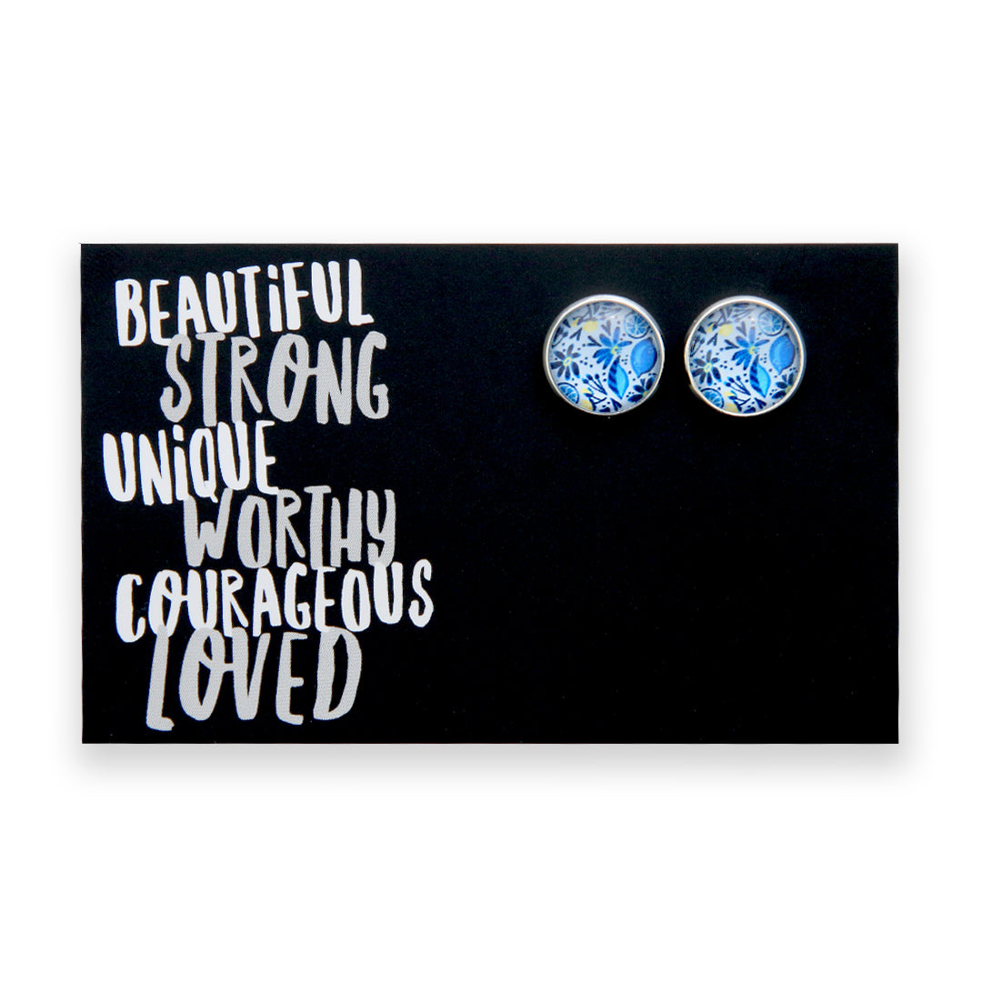 Blue Collection - Beautiful Strong Unique - Bright Silver 12mm Circle Studs - Blue Lemon Squeeze (12135)
