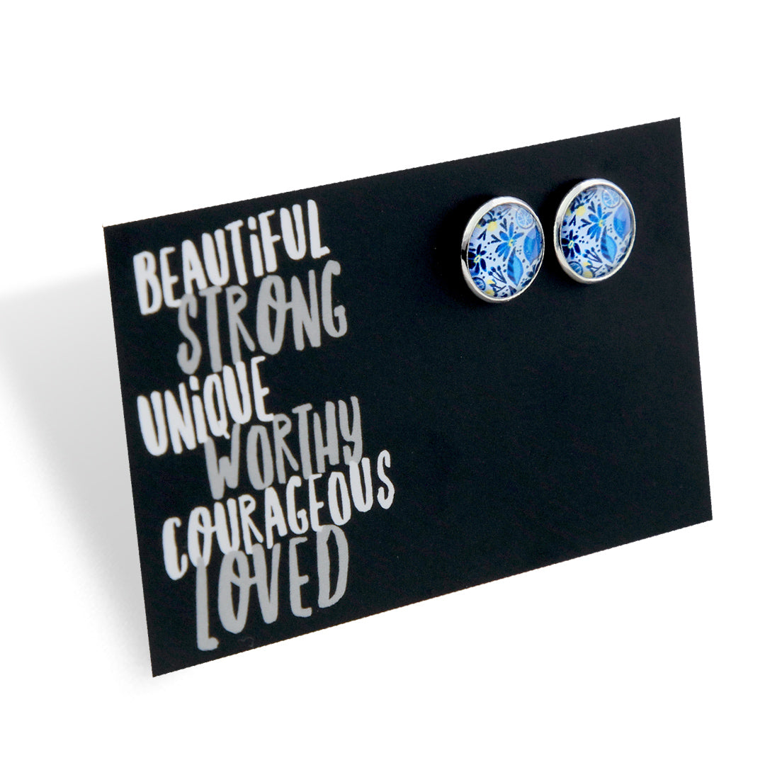 Blue Collection - Beautiful Strong Unique - Bright Silver 12mm Circle Studs - Blue Lemon Squeeze (12135)