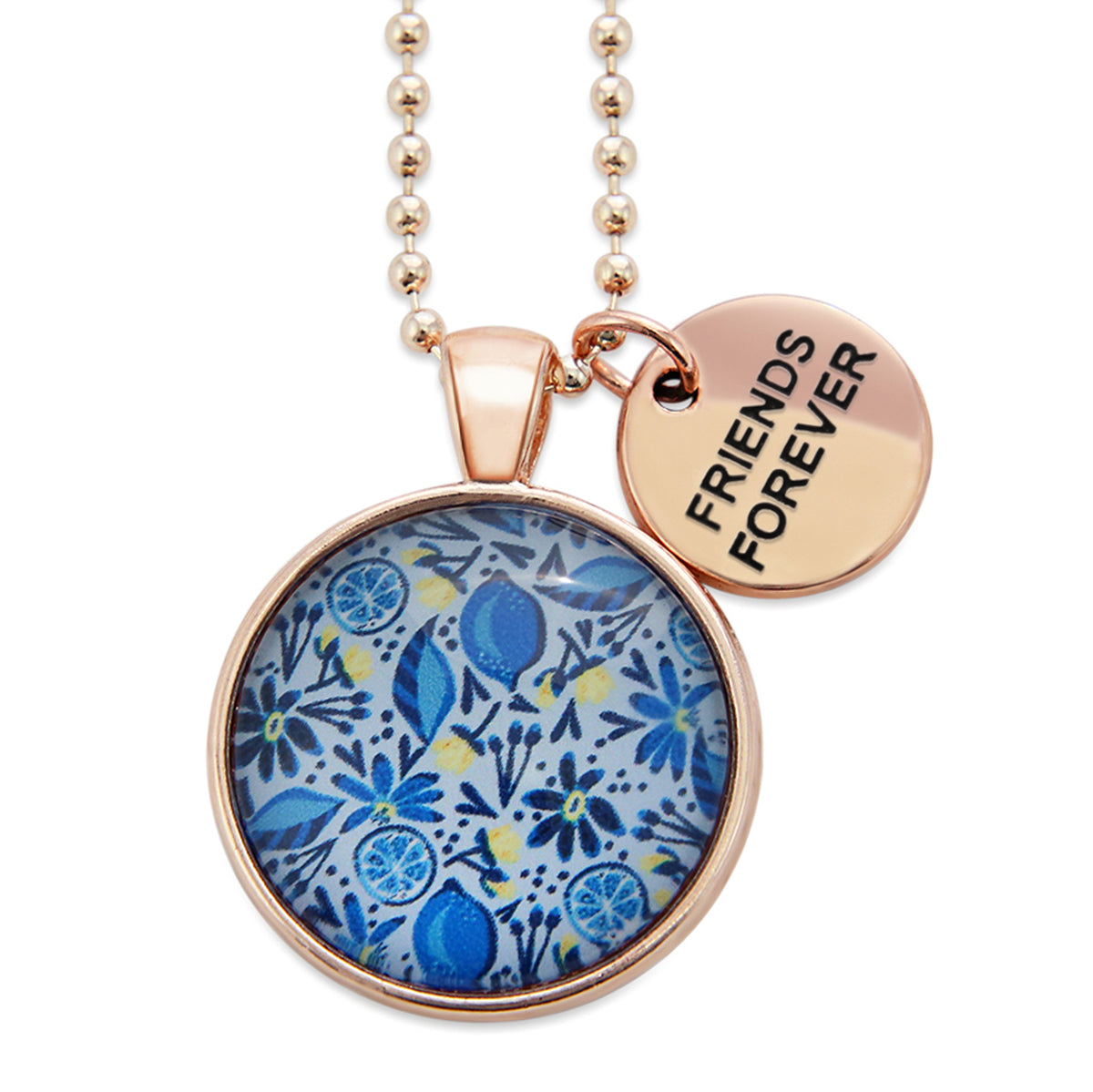 Necklace with floral pendant and 'Friends Forever' tag on a white background