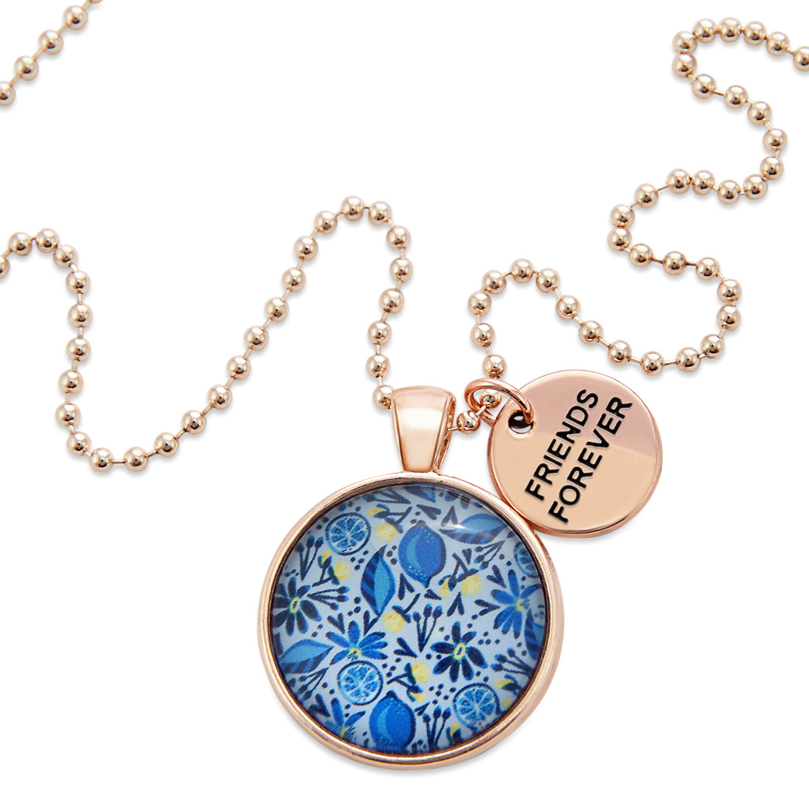 Necklace with floral pendant and 'Friends Forever' tag on a white background