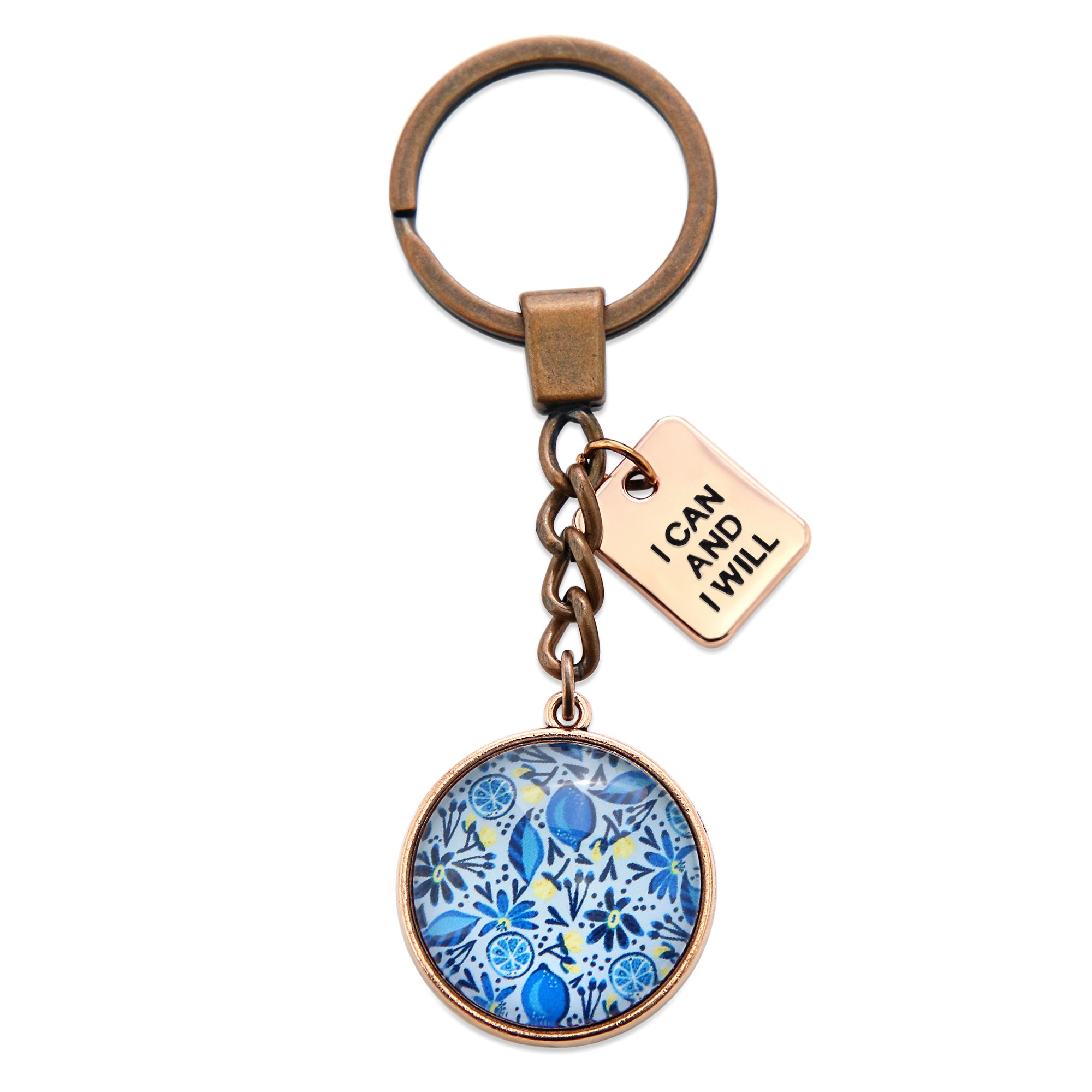 Blue Collection - Vintage Rose Gold 'I CAN AND I WILL' Keyring - Blue Lemon Squeeze (11041)