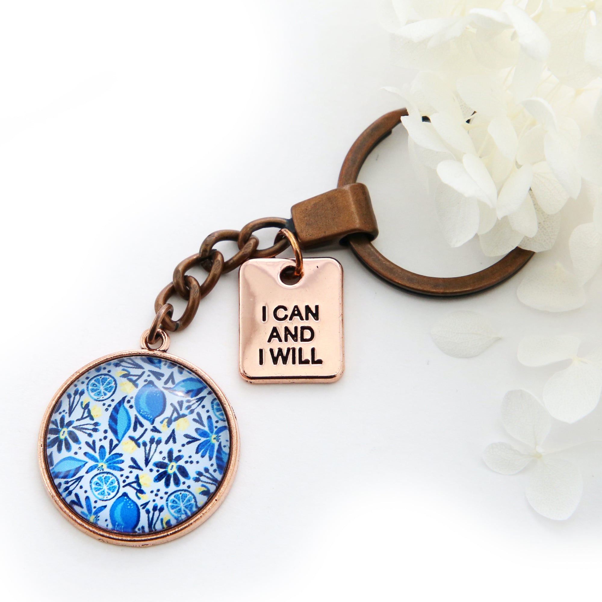 Blue Collection - Vintage Rose Gold 'I CAN AND I WILL' Keyring - Blue Lemon Squeeze (11041)