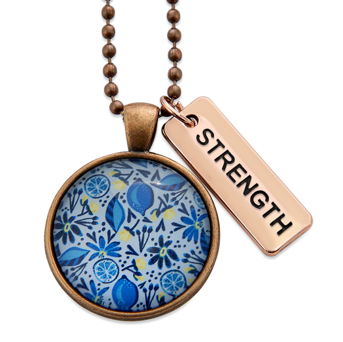Necklace with blue floral pendant and 'STRENGTH' tag on a white background