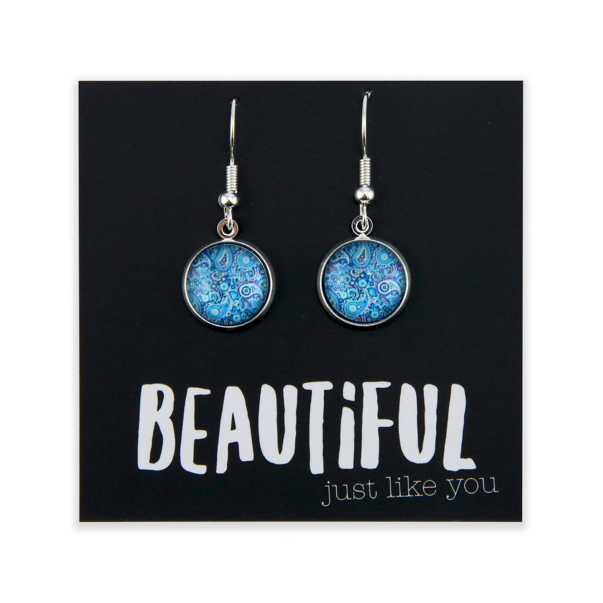 Blue Collection - Beautiful Just Like You - Bright Silver Dangle Earrings - Blue Paisley (9311)