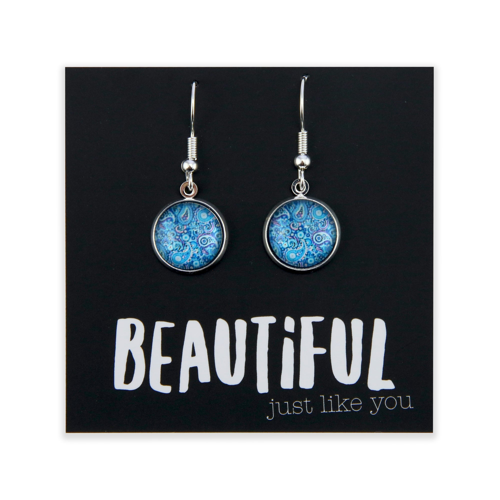 Blue Collection - Beautiful Just Like You - Bright Silver Dangle Earrings - Blue Paisley (9311)