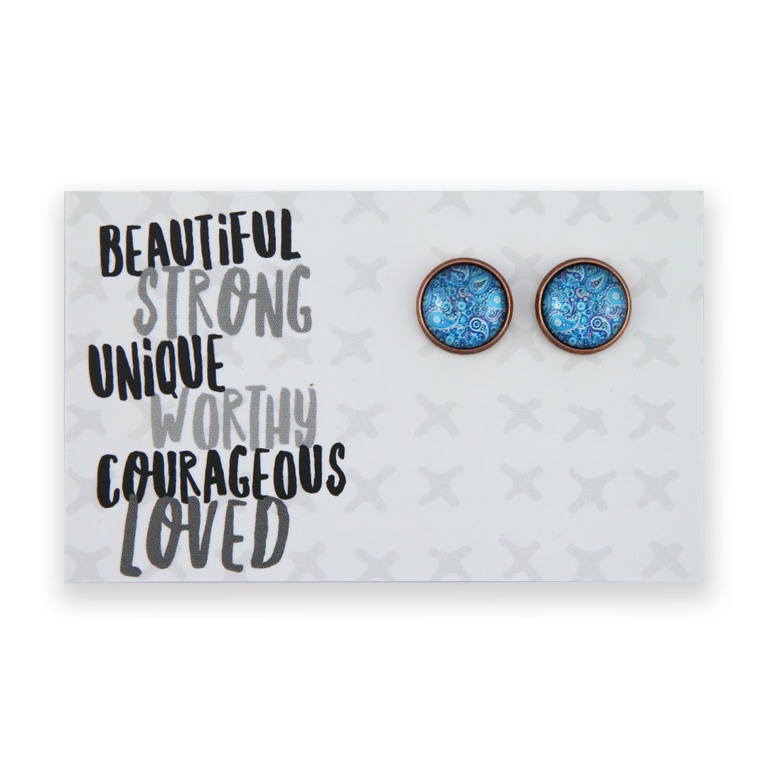 Blue Collection - Beautiful Strong Unique - Vintage Copper 12mm Circle Studs - Blue Paisley (12144)