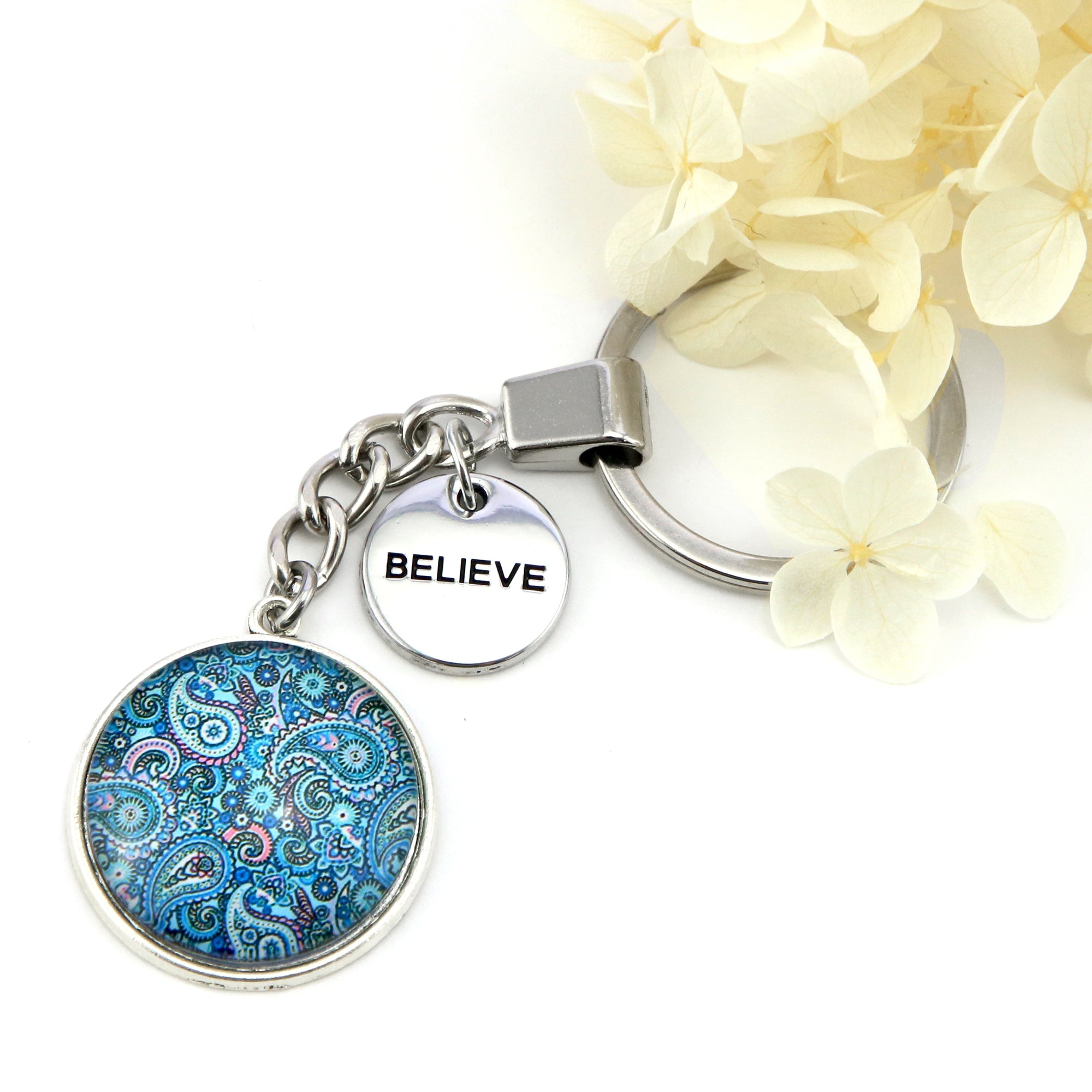 Blue Collection - Vintage Silver 'BELIEVE' Keyring - Blue Paisley (10543)