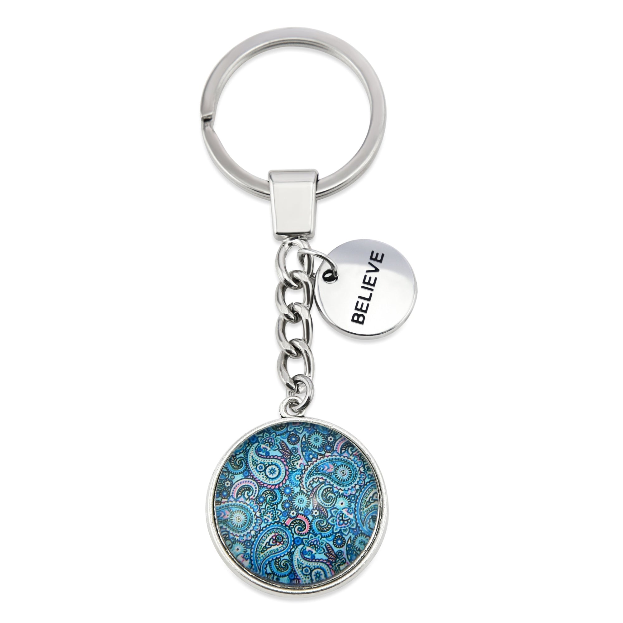 Blue Collection - Vintage Silver 'BELIEVE' Keyring - Blue Paisley (10543)