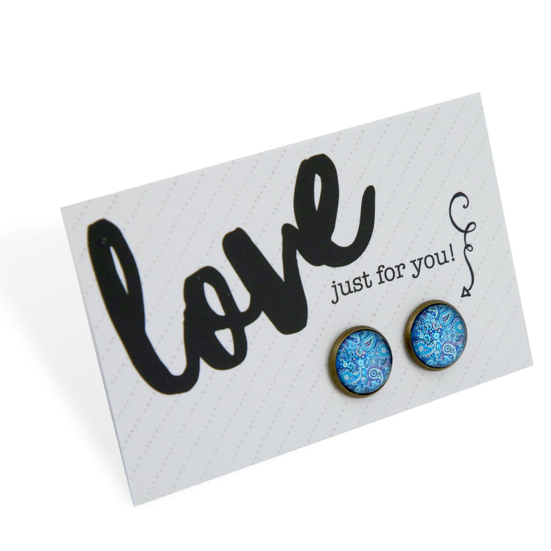 Blue Collection - Love Just For You - Vintage Gold 12mm Circle Studs - Blue Paisley (12112)
