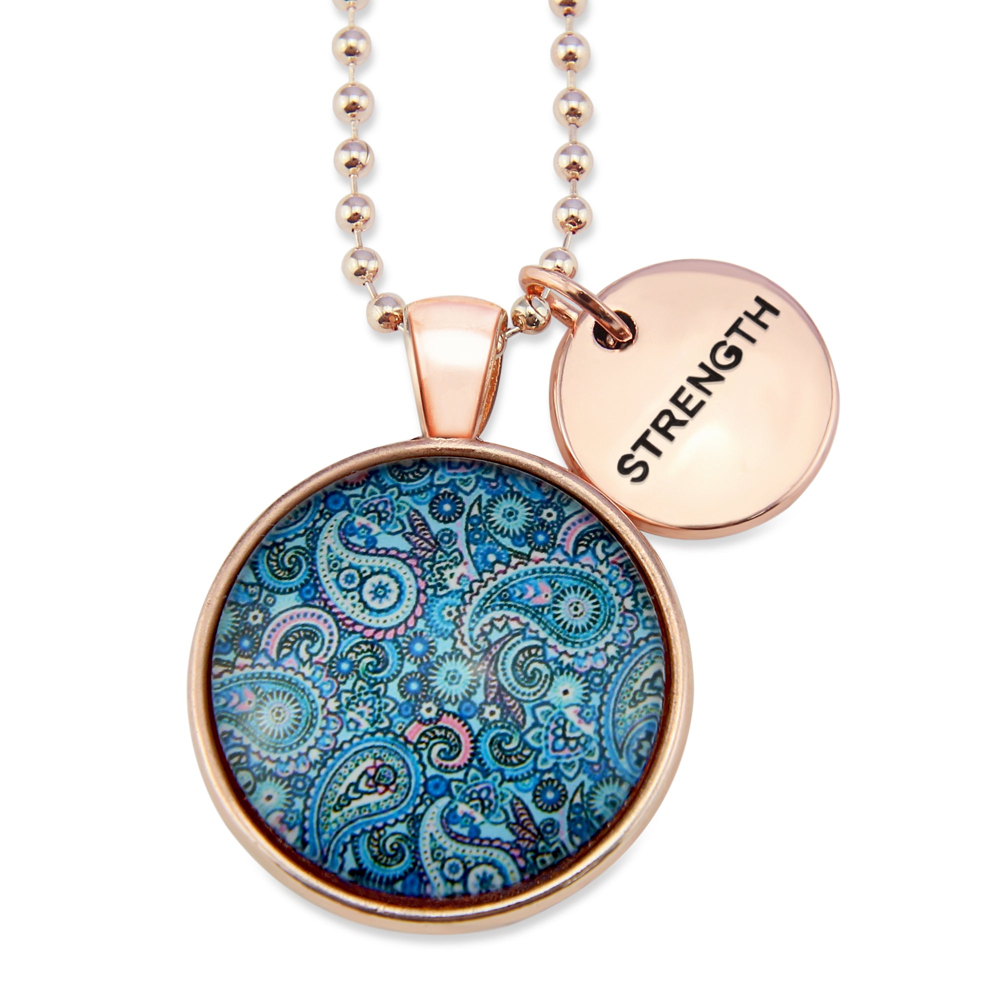 Blue Collection - Rose Gold 'STRENGTH' Necklace - Blue Paisley (10841)