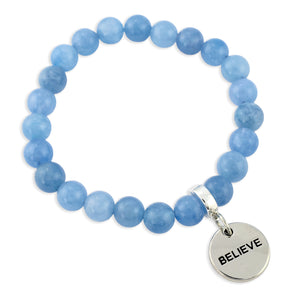 Blue beaded bracelet with a silver 'BELIEVE' charm on a white background