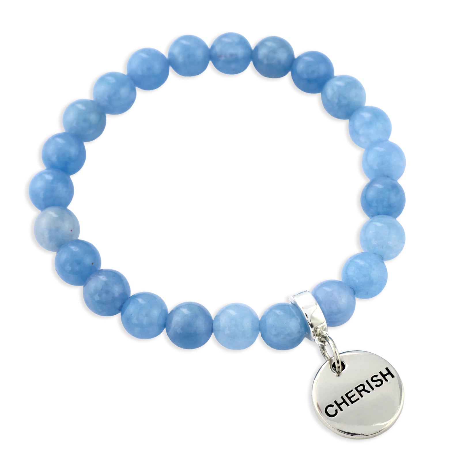 Set of blue beaded bracelets with inspirational charms on a white background