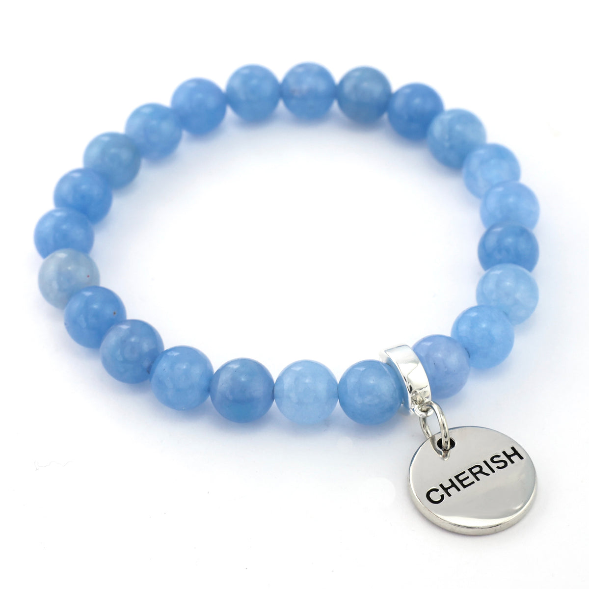 Blue beaded bracelet with a silver 'CHERISH' charm on a white background